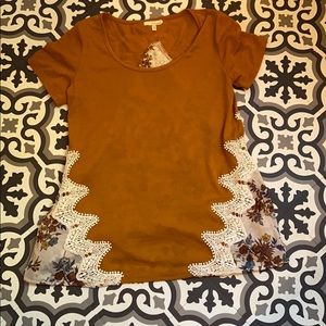 Mustard colored, flowy with lace on back blouse
